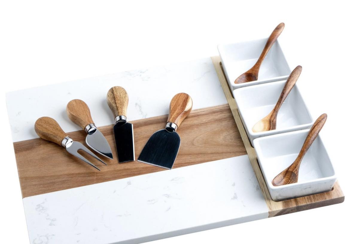 Personalized Marble and Arcadia Wood Charcuterie Board with bowls and utensils
