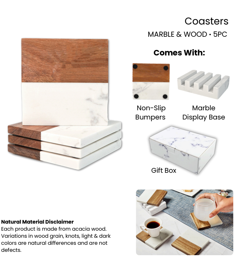 Marble and Wood Coaster Set