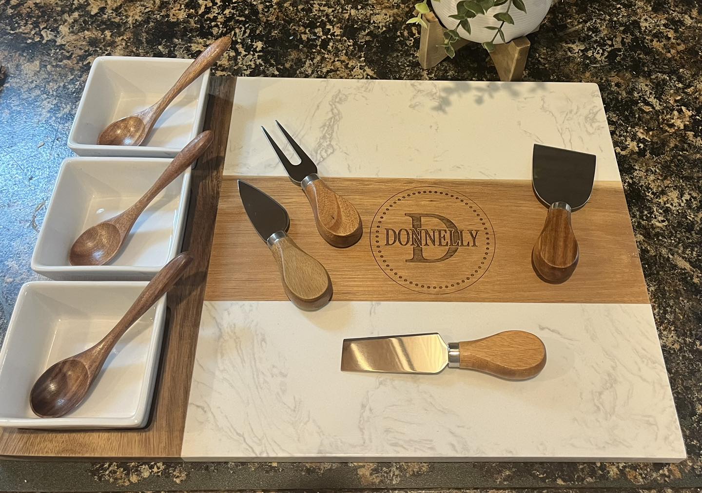 Personalized Marble and Arcadia Wood Charcuterie Board with bowls and utensils