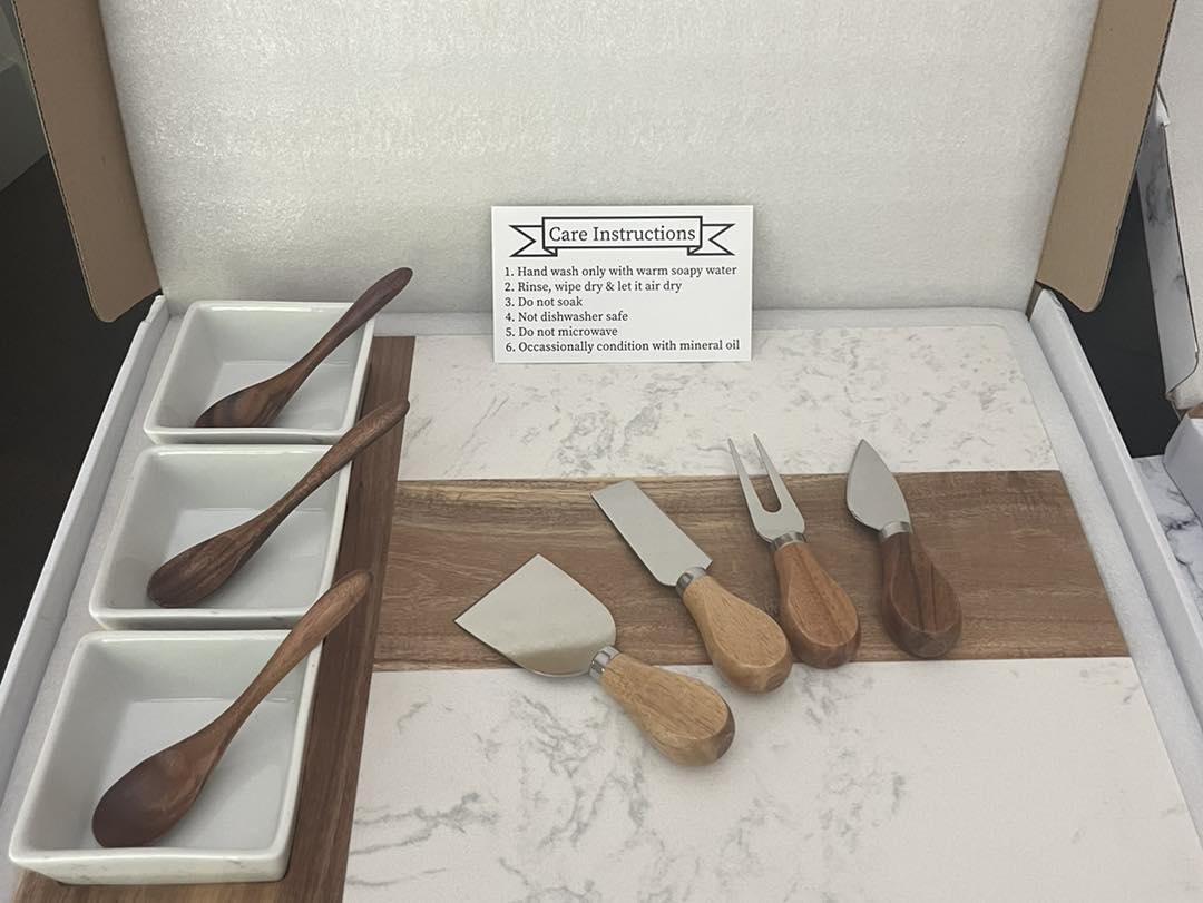 Personalized Marble and Arcadia Wood Charcuterie Board with bowls and utensils