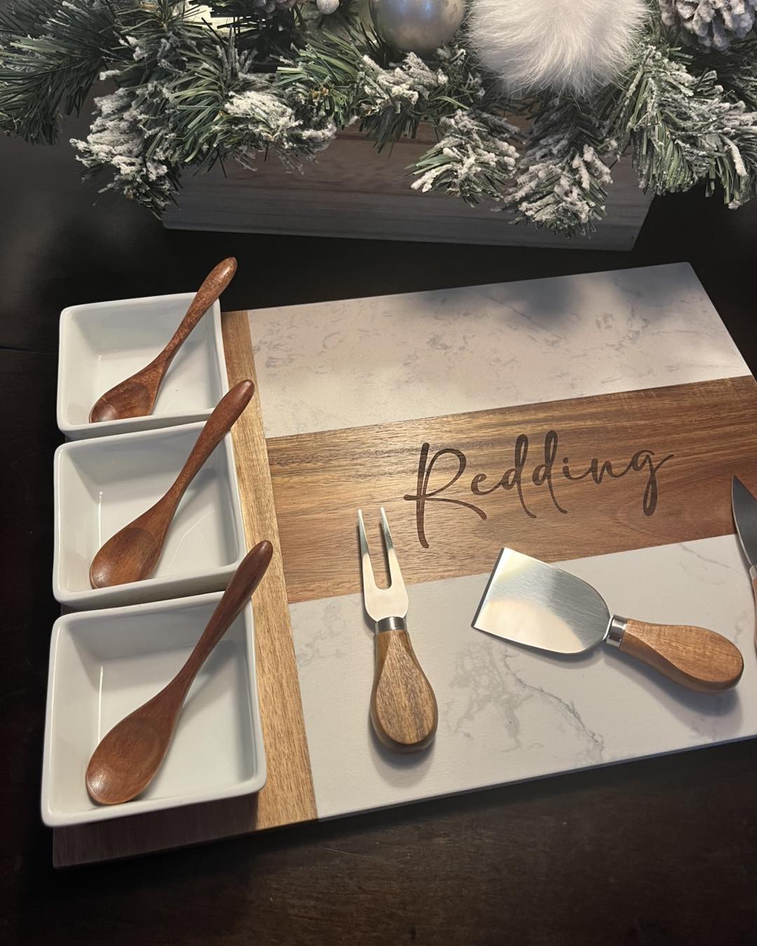 Personalized Marble and Arcadia Wood Charcuterie Board with bowls and utensils