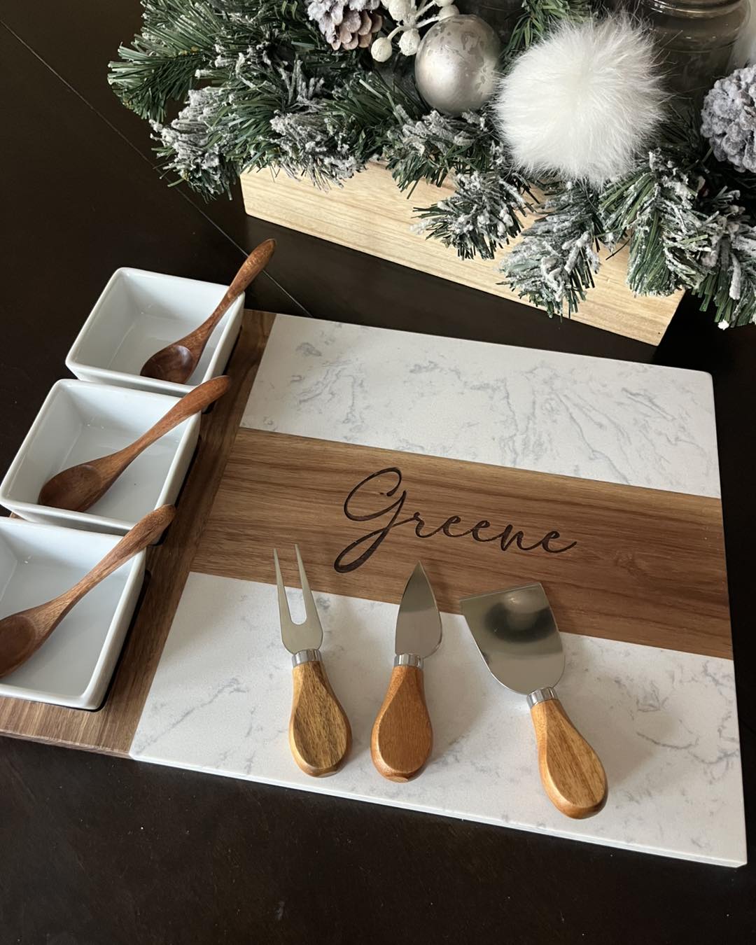 Personalized Marble and Arcadia Wood Charcuterie Board with bowls and utensils